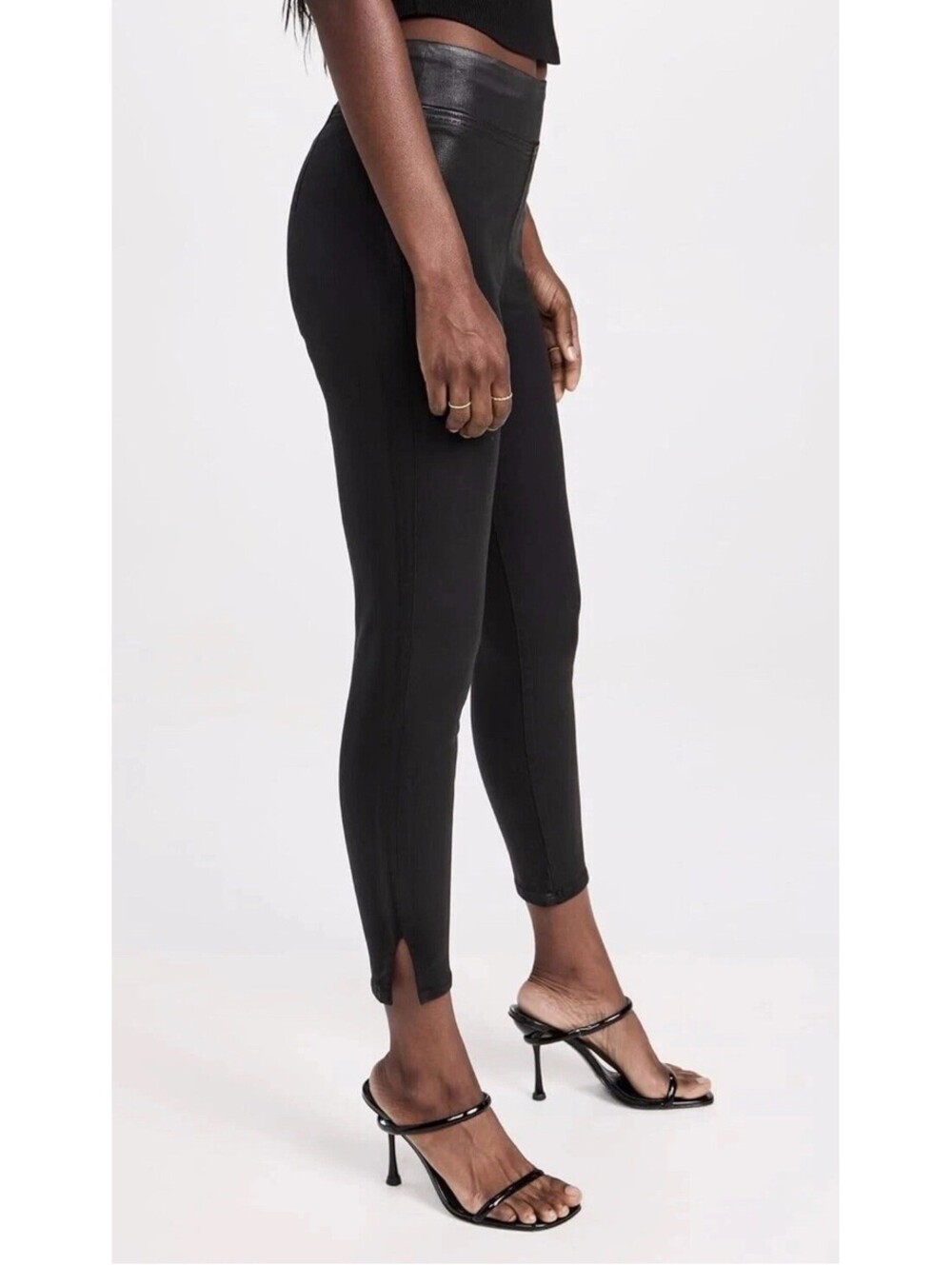 FRAME JETSET CROP Jeans High Rise Skinny Slit Leg PullOn Noir Coated Black 0